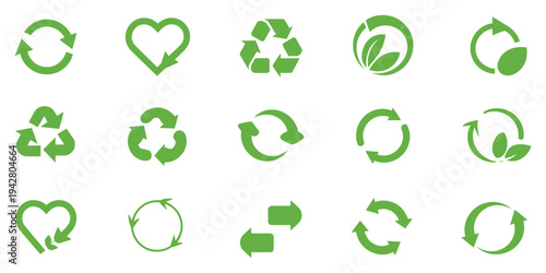 Recycle vector icon set, showcasing eco green arrows, heart, and leaf symbols for sustainable, environmental, and recycled concept designs in clean vector format.