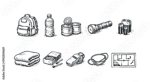 Hand drawn sketch of camping and survival items