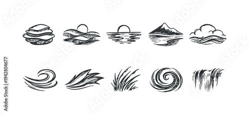 Hand drawn sketch icons of natural elements like mountains clouds water and wind in monochrome
