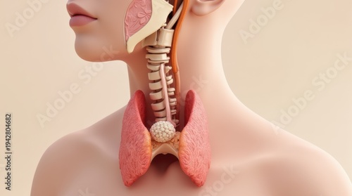 3D medical illustration of thyroid gland showing tumor nodule cancer larynx trachea anatomy endocrine system medical visualization oncology healthcare education 