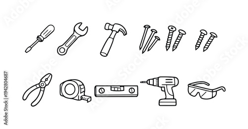 Hand drawn tools and hardware icons for DIY and construction