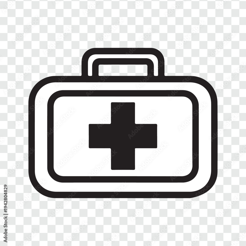 Fototapeta premium Red first aid kit box icon featuring a white medical cross symbol for emergency health care and medicine help vector illustration