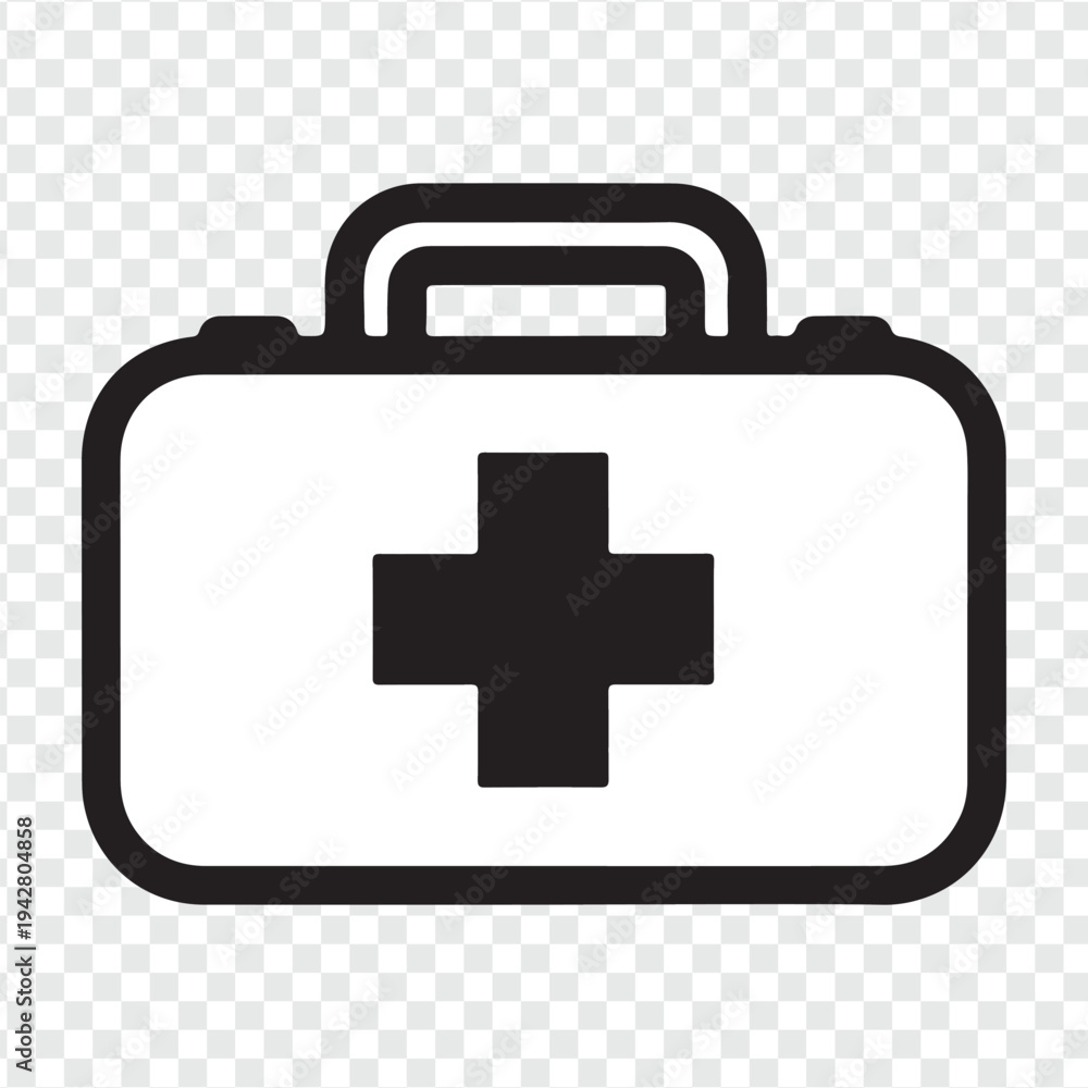Obraz premium A red first aid kit box icon featuring a white medical cross symbol for emergency healthcare and hospital help, designed as a professional vector illustration suitcase or doctor bag