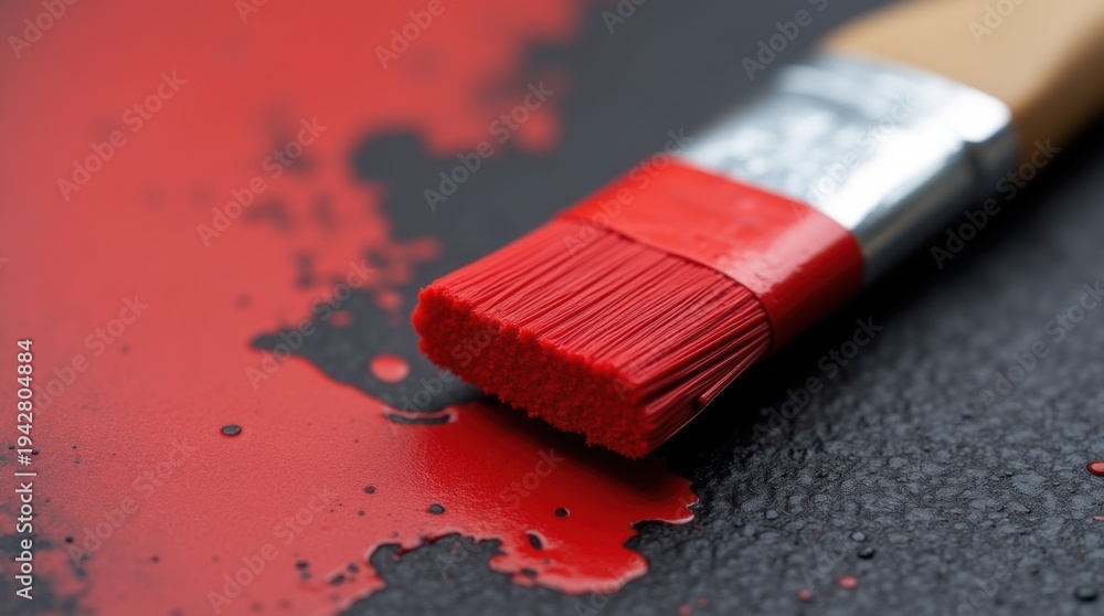 Fototapeta premium Close-Up of Paintbrush with Red Paint on Dark Surface Background
