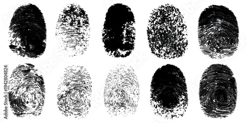 Abstract fingerprint imprint texture set. vector black grunge distressed ink evidence technology artistic dirty background design.