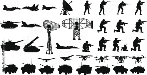Military Vehicles and Soldiers Silhouette Set, Army Weapons Tanks Fighter Jets Radar and Drones Vector Illustration, War Combat Equipment Icons Isolated