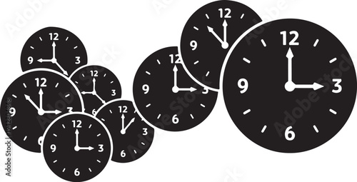 Multiple black clocks with white hands and numbers display