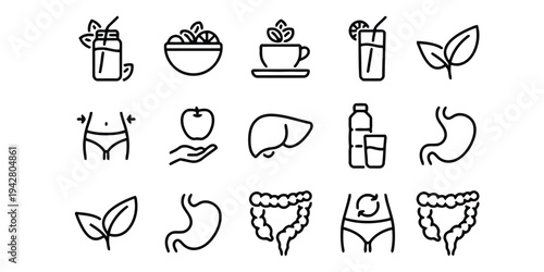 Healthy lifestyle and digestion icons for wellness