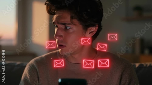 Overwhelmed young man looking at his smartphone surrounded by glowing red email icons. Stressed guy suffering from digital information overload and annoying spam messages