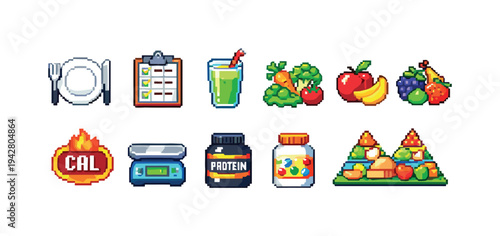 Healthy food and nutrition icons for diet and fitness