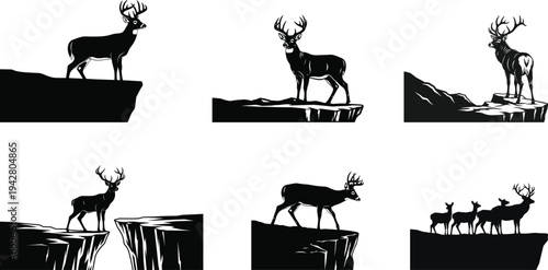 Deer silhouette collection standing on mountain cliff wildlife stag nature landscape hunting animal vector illustration set
