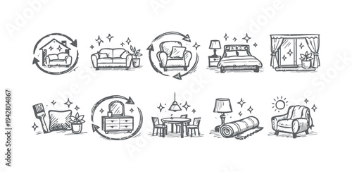 Interior design elements and home cleaning icons in doodle style