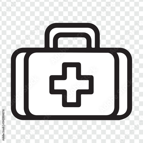 A medical first aid kit icon featuring a red emergency cross symbol on a professional healthcare case or travel medicine bag vector illustration for health and business equipment