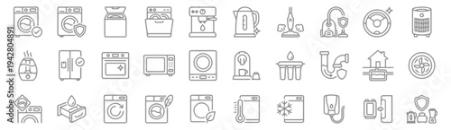 Home appliance icons including washing machines and refrigerators.