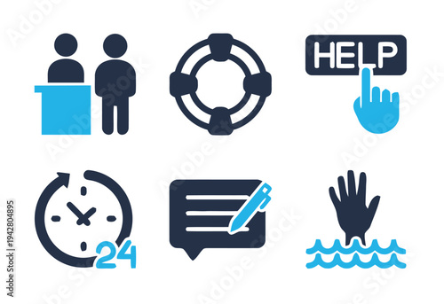 Help and support icons for services offering assistance around clock and emergency help