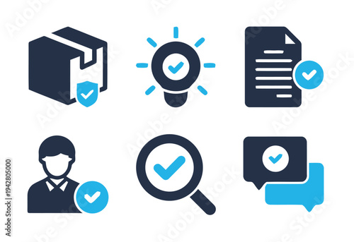 Icons illustrating secure delivery, ideas, documents, and people verification