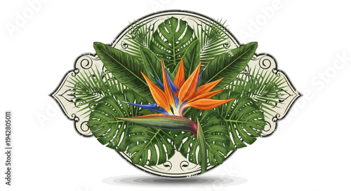 Bird of Paradise Flower with Tropical Leaves Emblem