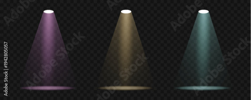 A collection of vibrant spotlights in various colors illuminates a transparent black background creating a dynamic effect