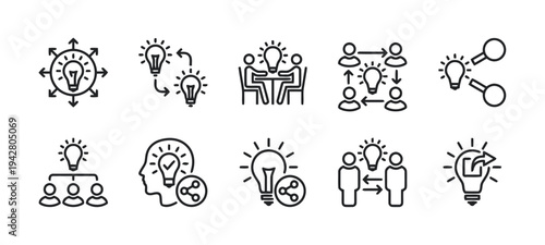 Idea sharing and innovation icons for brainstorming and teamwork