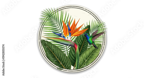 Exotic Bird of Paradise flower with hummingbirds and tropical leaves