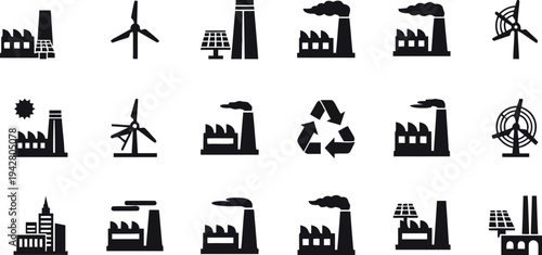 Industrial factory icons collection representing energy production and manufacturing industry