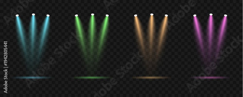 A collection of vibrant spotlights in various colors illuminates a transparent black background creating a dynamic effect