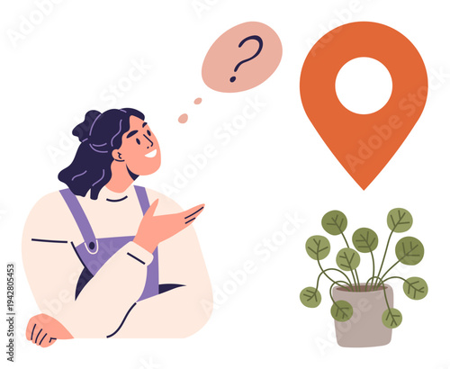 Navigation, decision-making, locations, self-reflection, uncertainty, nature. A woman with a speech bubble and question mark near a location marker and plant. Navigation and decision-making concepts