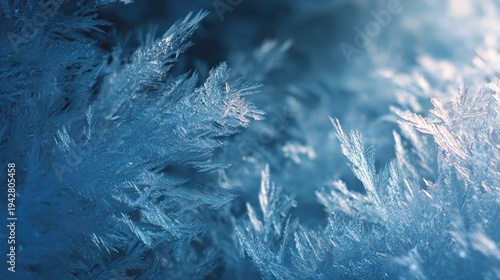 Close up of intricate frost crystals creating a delicate icy texture