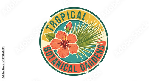 Tropical Botanical Gardens Stamp Badge Emblem with Hibiscus Flower and Palm Leaf