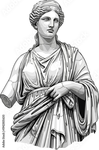 Create a realistic classical statue of a greek goddess figure artwork antiquity sculpture vector art with white background..