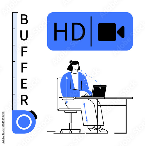 Streaming concept. Streaming media with HD video playback illustration shows laptop use, buffering indicators, and online content. Streaming for video platforms, media, remote work, and education