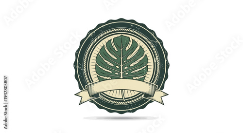 Vintage Emblem with Tropical Leaf and Ribbon - Green Seal Design