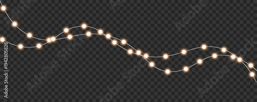 Illuminated string lights with glowing white and green bulbs cascade across a transparent dark background high-quality