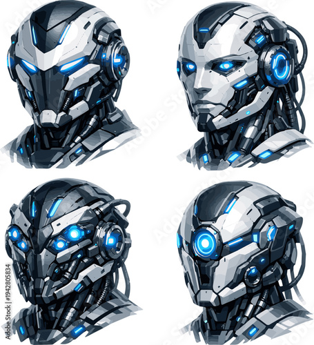 Create a realistic kinds of deferent Futuristic robot head cyborg with blue glowing elements for science fiction and technology concepts vector art with white background..