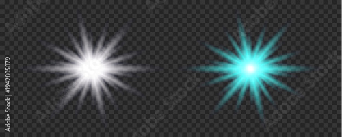 Collection of bright white starbursts and lens flares on a transparent background varying in shape