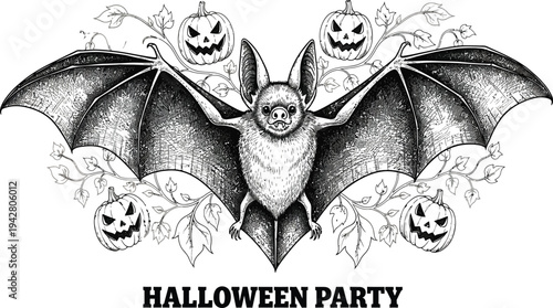 Vintage Halloween Party Illustration Featuring Detailed Flying Bat Jack O Lantern Pumpkins and Autumn Leaves in Hand Drawn Engraving Line Art Style