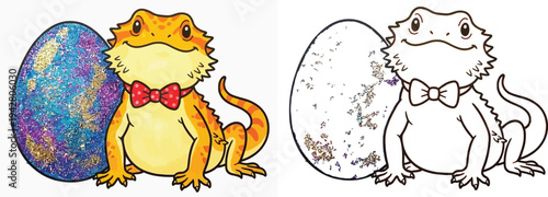 Cute Bearded Dragon with Bow Tie and Sparkly Easter Egg Illustration