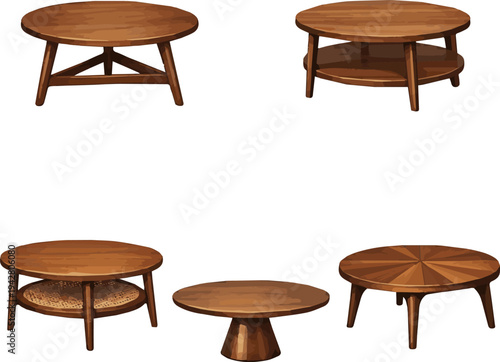 Create a realistic kinds of deferent Round wooden coffee table mid-century modern furniture for living room interior design vector art with white background.