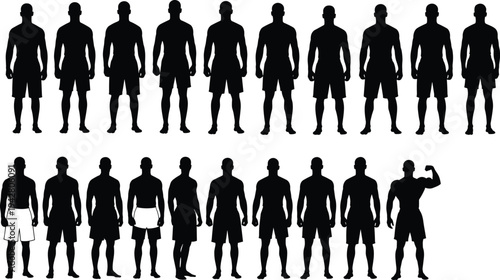 Male athlete silhouettes standing in various poses, muscular fitness body shapes collection for sports training, gym lifestyle concepts isolated on white background