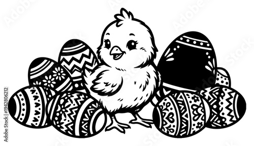 Cute Easter chick sitting with decorated holiday eggs in hand drawn line art style