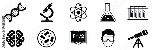 Science laboratory icons set, featuring chemistry symbols, lab equipment illustrations, and research vector icons for education, laboratory, and scientific design projects.