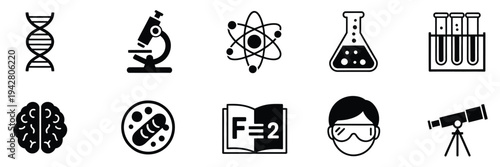 Science laboratory icons set, showcasing chemistry icons, lab instruments, and research symbols in vector format for experiments, education, and science-themed graphics.