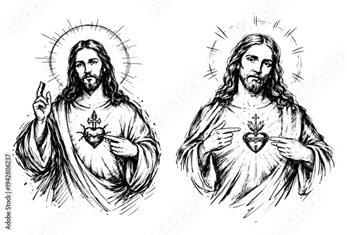Jesus Christ Sacred Heart portrait and holy savior in engraving woodcut line art style