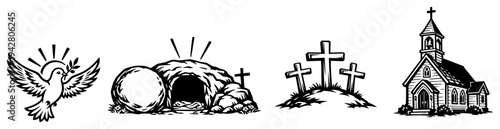 Christian religious icons set including empty tomb and calvary crosses in minimalist line art style