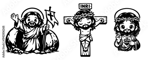 Cute cartoon Jesus characters showing resurrection and crucifixion in chibi kawaii line art style