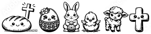 Easter set of cute kawaii characters with bunny chick lamb bread and religious cross in line art style