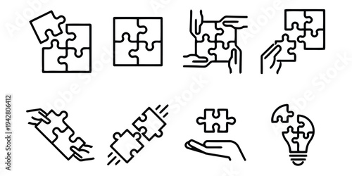 Jigsaw puzzle pieces icon set representing teamwork and problem solving concept