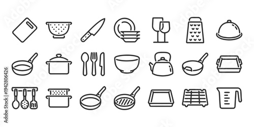Kitchen utensils and cookware flat icons for food preparation