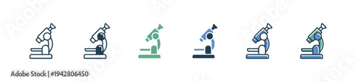 Laboratory microscope icon set with various colors and outline styles for science research