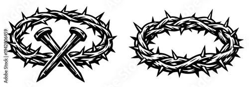 Crown of thorns and crossed iron nails religious symbols black and white vector art